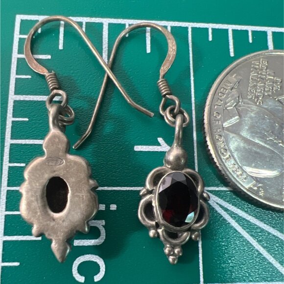 Vtg Sterling Silver 925 Garnet Dangle Earrings Faceted Red Gemstones Tested Boho - Picture 6 of 12